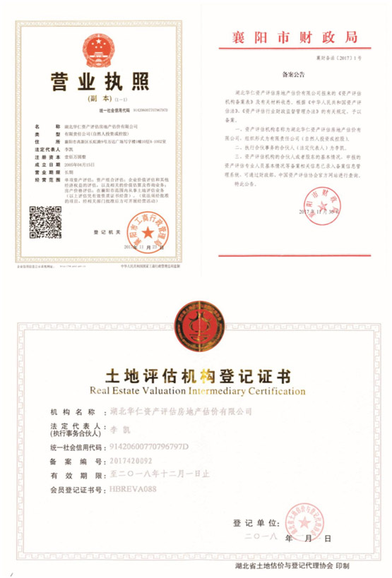 華仁資產(chǎn)評(píng)估房地產(chǎn)估價(jià)有限公司營(yíng)業(yè)執(zhí)照、資產(chǎn)評(píng)估備案公告、土地評(píng)估機(jī)構(gòu)登記證書(shū).jpg